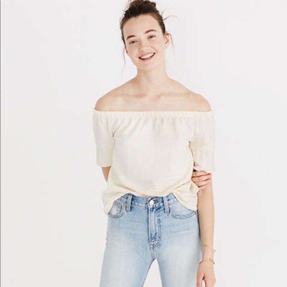 Madewell off-white cream, off-the-shoulder ribbed top